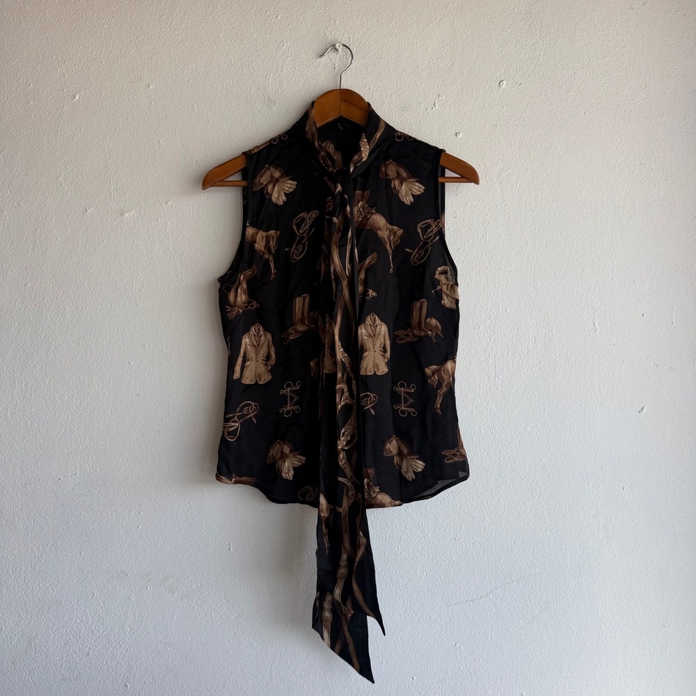 Lauren Ralph Lauren Black Silk Equestrian Horse Print Tie Neck Sleeveless Blouse - Picture 3 of 15